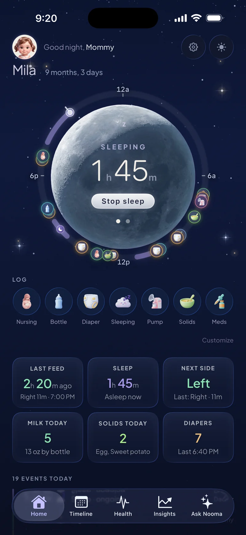 Nooma at night: the moon holding a running sleep timer, the day’s story around it